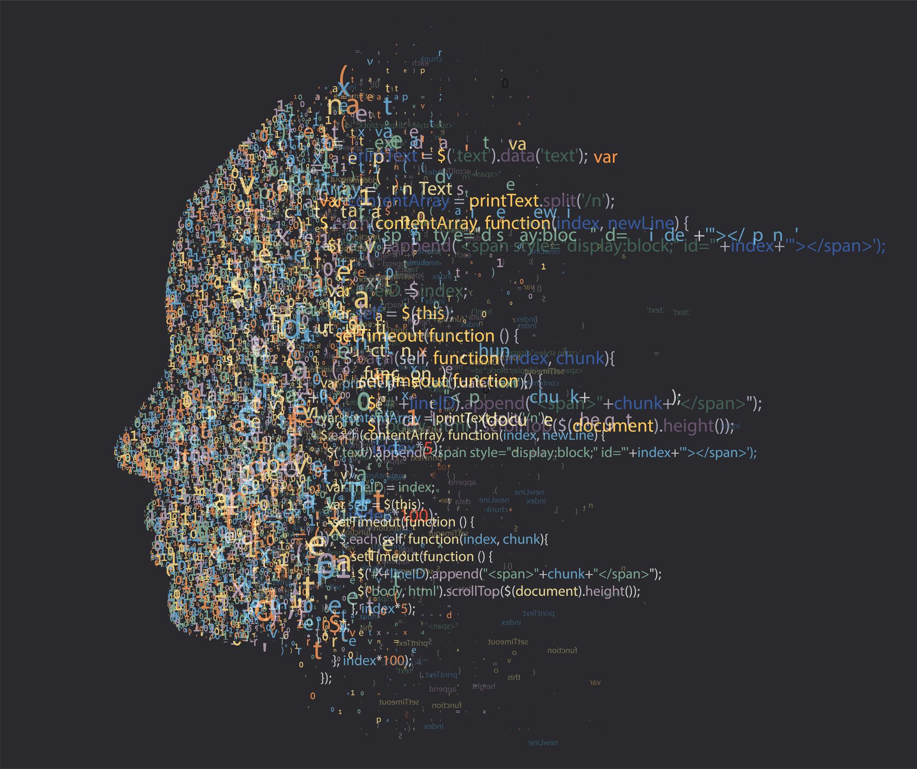 Digital code in the shape of a face to illustrate how algorithms on streaming platforms learn all about you.