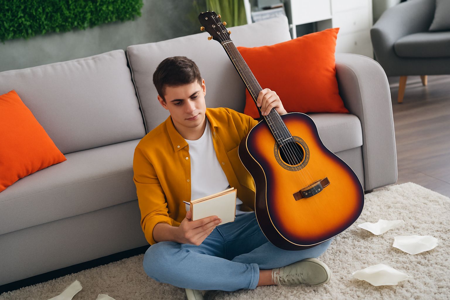 A male indie musician sits on the floor with his guitar looking frustrated about lack of radio airplay.
